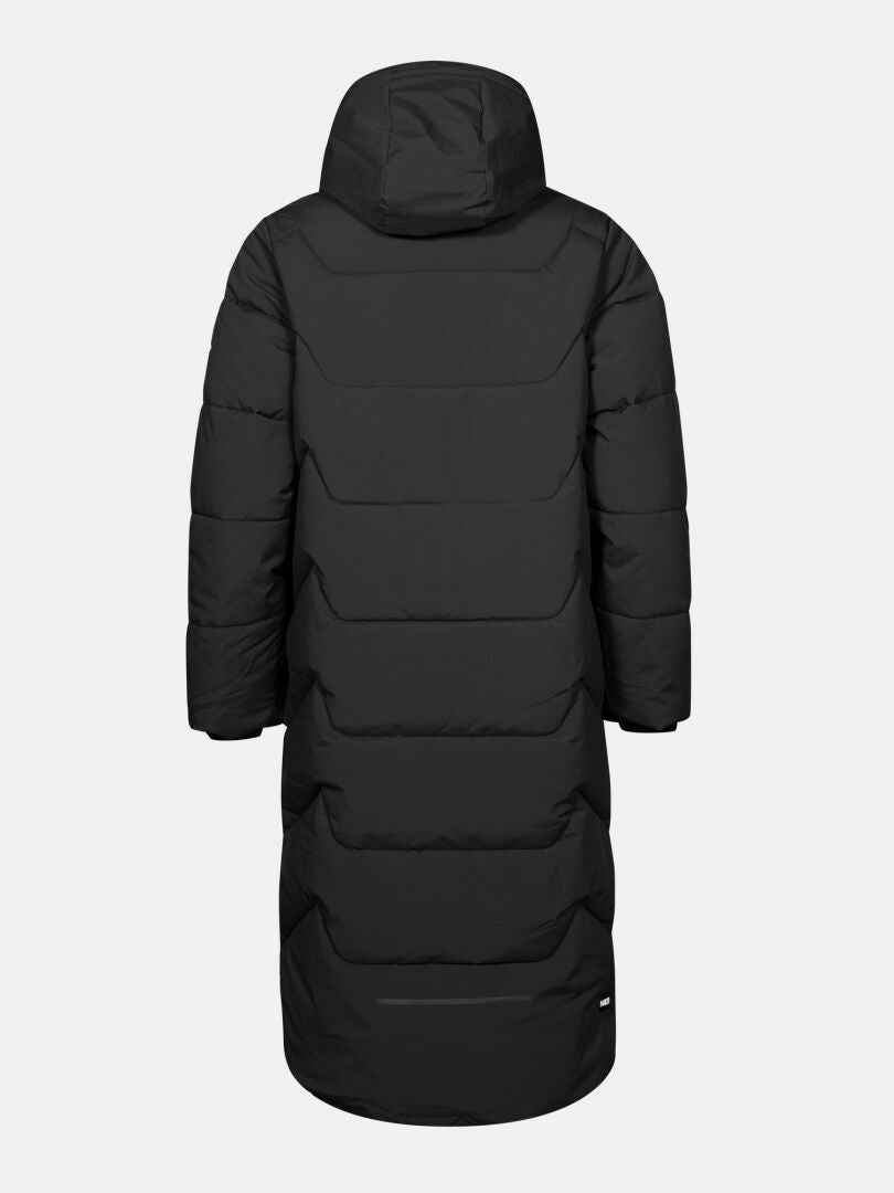 Halti Brahe Puffer Long Winter Jacket for women, black with hood, recycled polyester, back view, light gray background.