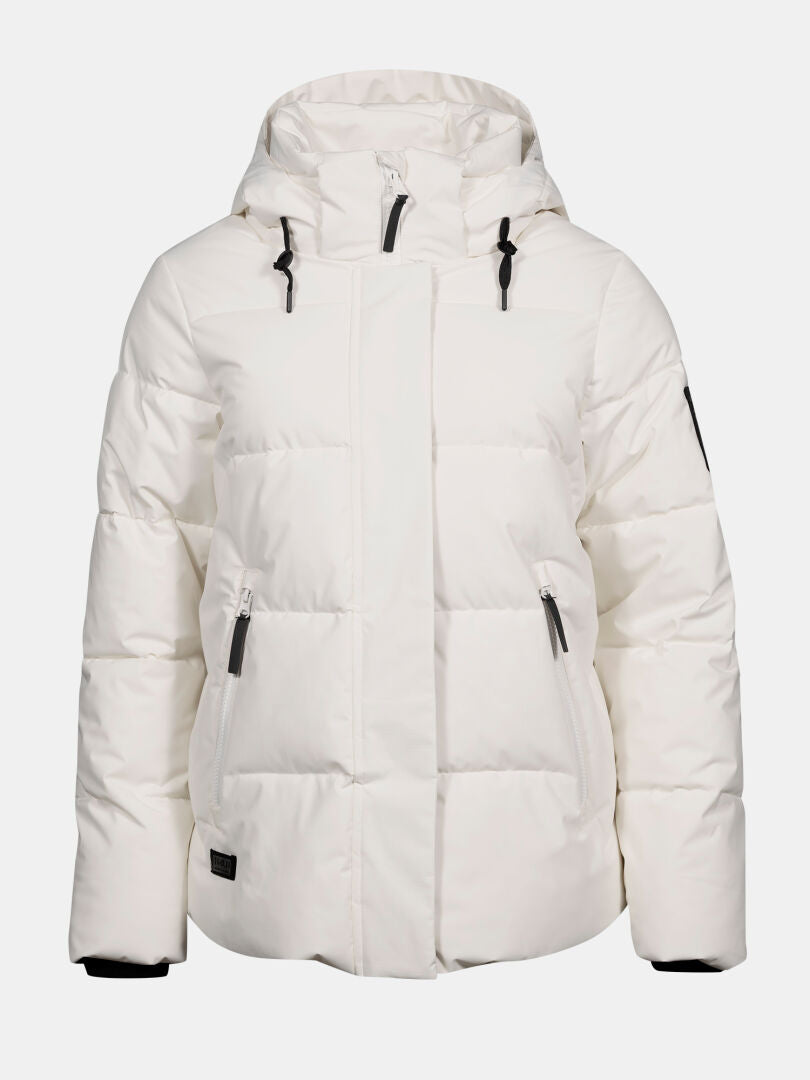 Halti Brahe Puffer Winter Jacket Women's, white, hooded, zip front, pockets, recycled polyester; shown on plain background.