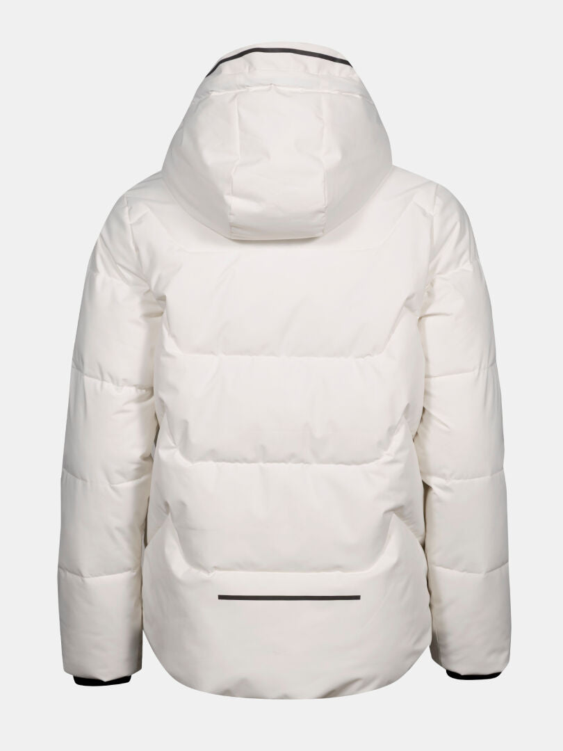 Back view of Halti Brahe Puffer Winter Jacket Women's in white with black-trimmed cuffs, made from recycled polyester.