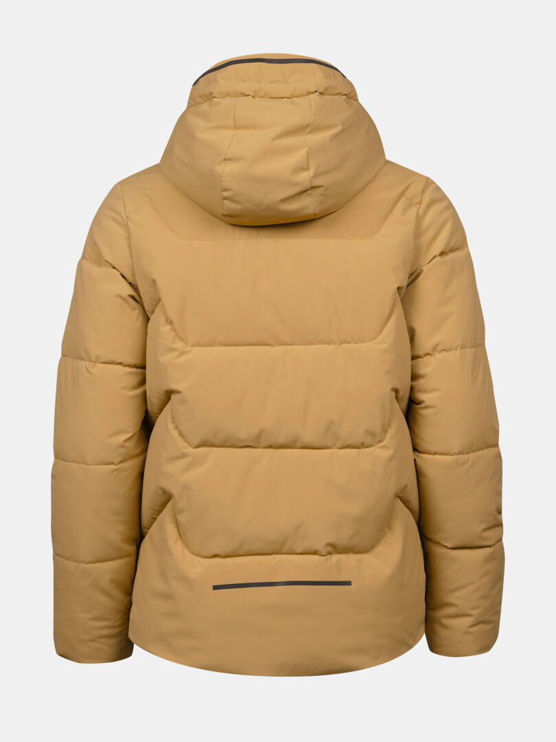 Halti Brahe Puffer Winter Jacket for women, tan with hood, recycled polyester, horizontal stitching & reflective strip.