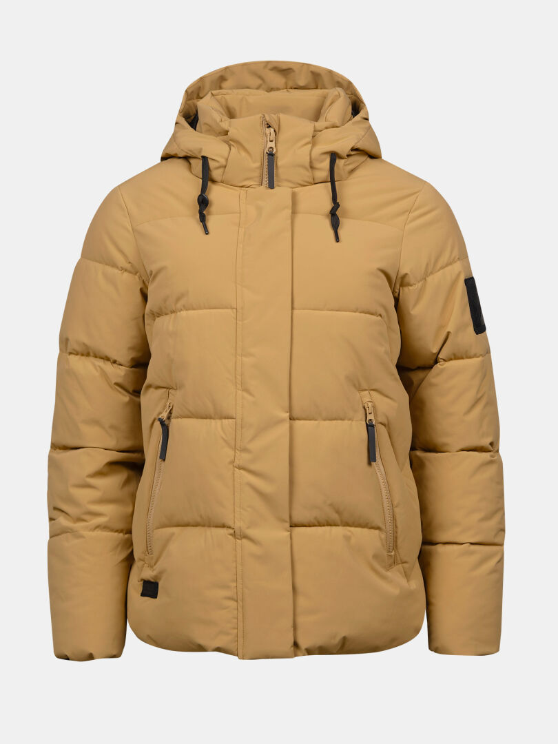 The Halti Brahe Puffer Winter Jacket for women features recycled polyester, a hood, black zip pockets, and a sleeve patch.