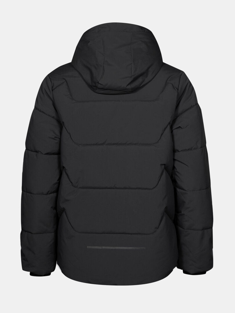 The Halti Brahe Puffer Winter Jacket for women, in black, features a hood and recycled polyester; shown from the back.