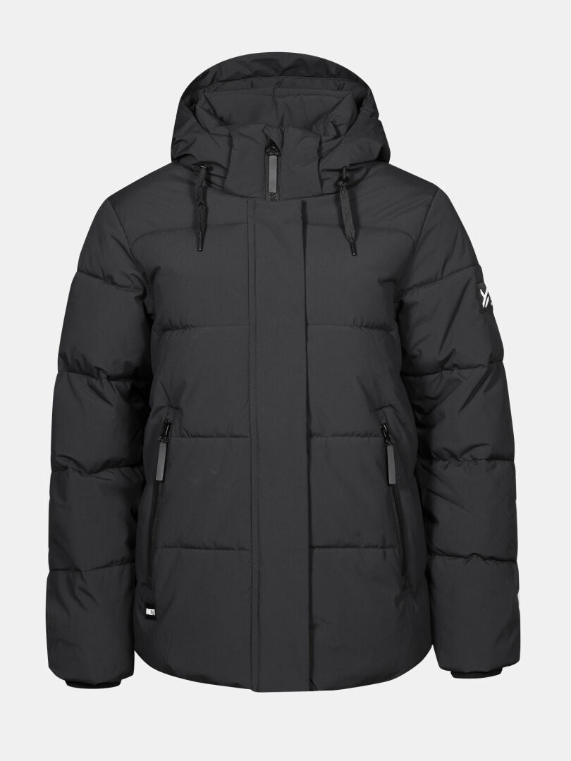 The Halti Brahe Puffer Winter Jacket for women is black, hooded, recycled polyester, with zipper and zip pockets.