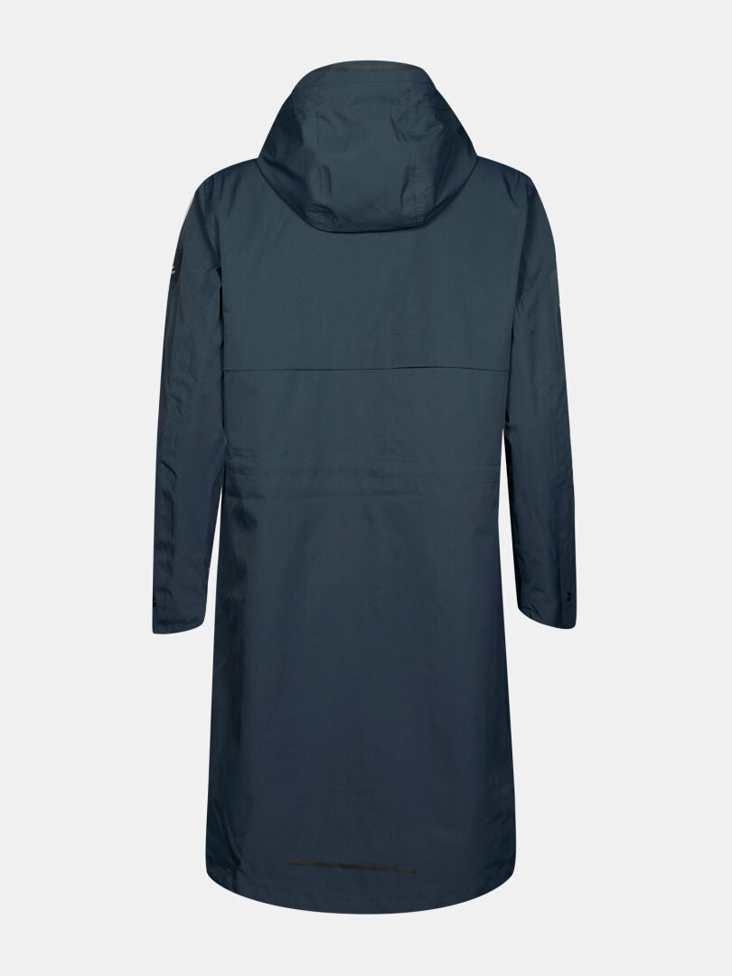Halti Tokoi II DX Parka Jacket Women’s in dark blue, knee-length with long sleeves, shown from the back.