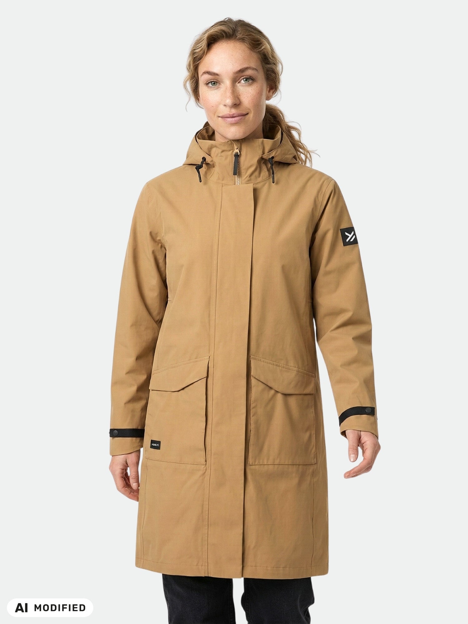 A woman wears the tan Halti Tokoi II DX Parka with front pockets and a black sleeve logo, standing forward.