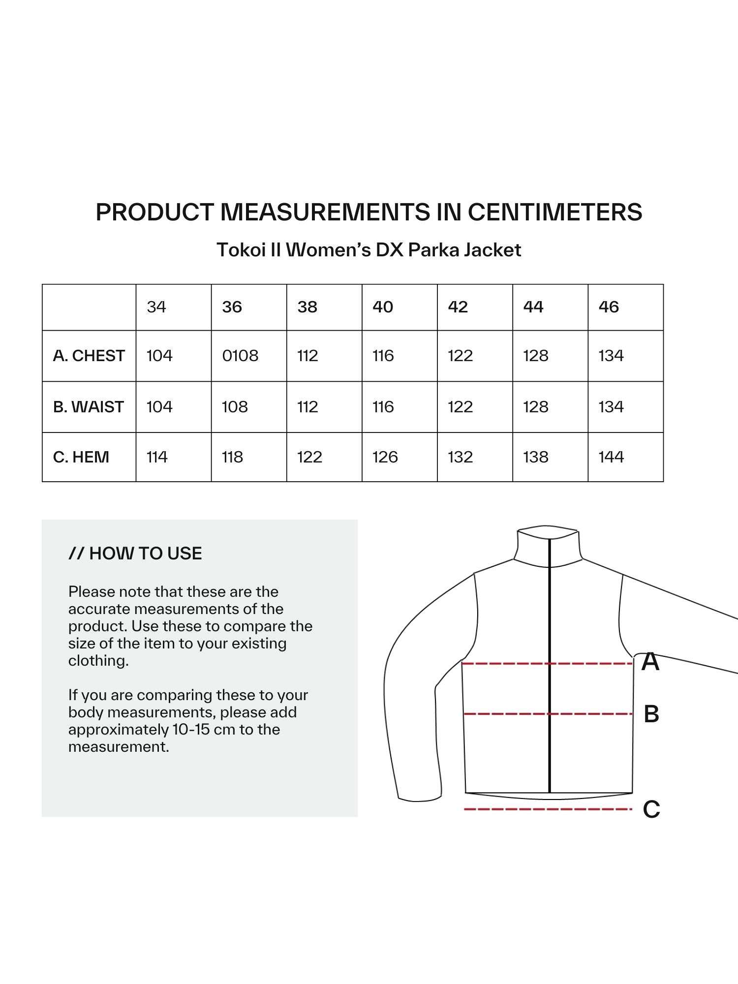 Size chart and diagram showing chest, waist, and hem in cm for Halti Tokoi II DX Parka Jacket Womens.