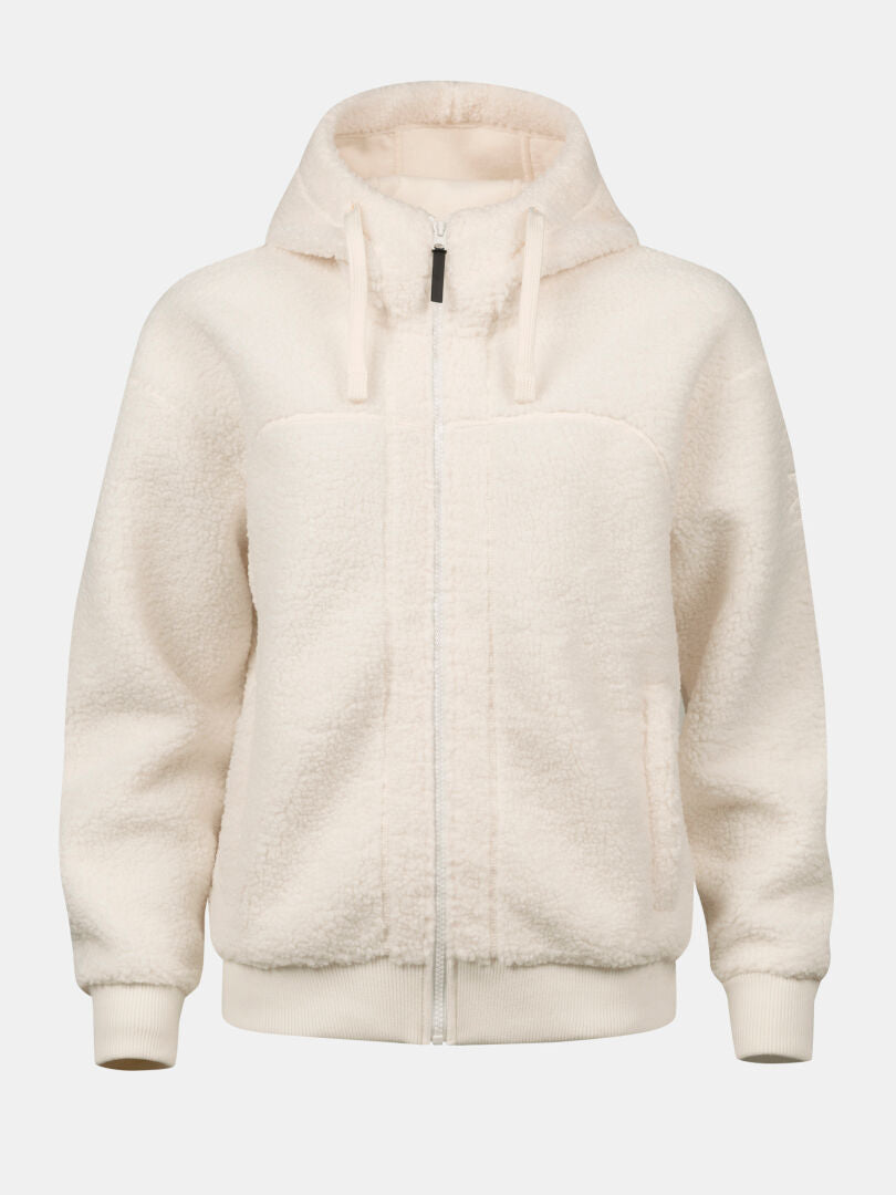 The Halti Lykky Fleece Jacket Womens is cream, recycled polyester, with 2 pockets and ribbed trim—ideal for daily wear.