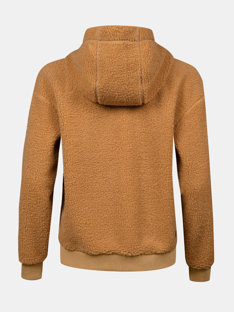 Halti Lykky women’s fleece jacket in brown, hooded with ribbed cuffs and shearling-like texture, shown from the back.