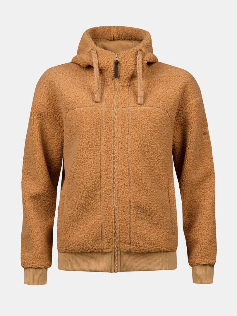 Halti Lykky Womens Fleece Jacket in tan with hood, side pockets, and shearling texture shown on a white background.