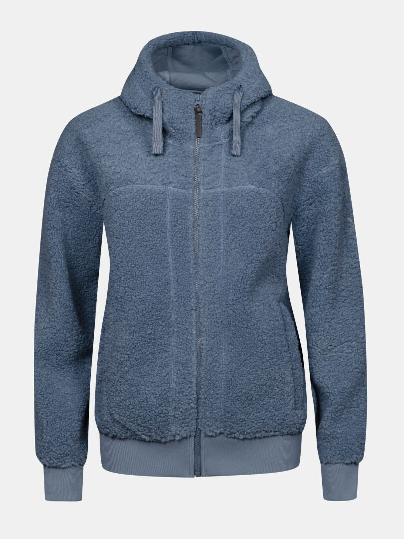 Halti Lykky Fleece Jacket for women—hooded, zip front, ribbed cuffs/hem—ideal everyday layer. Shown on white.