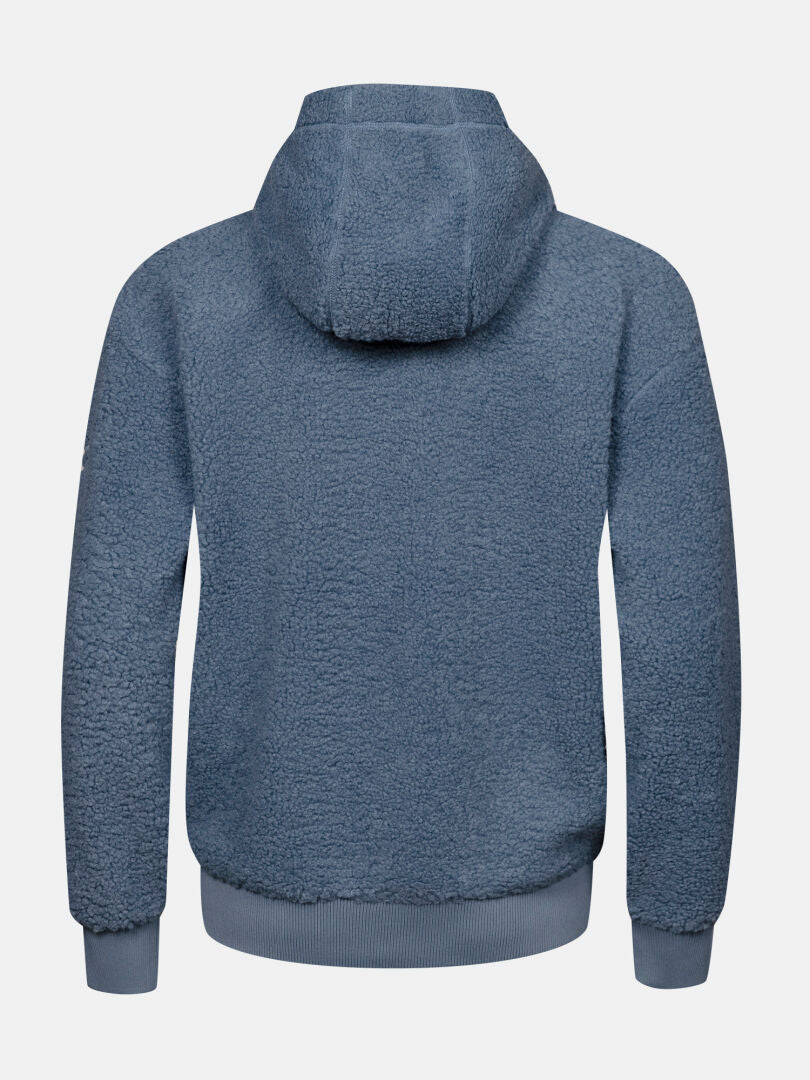 The Halti Lykky Fleece Jacket Women’s in blue is shown from the back with a hood against a white background.