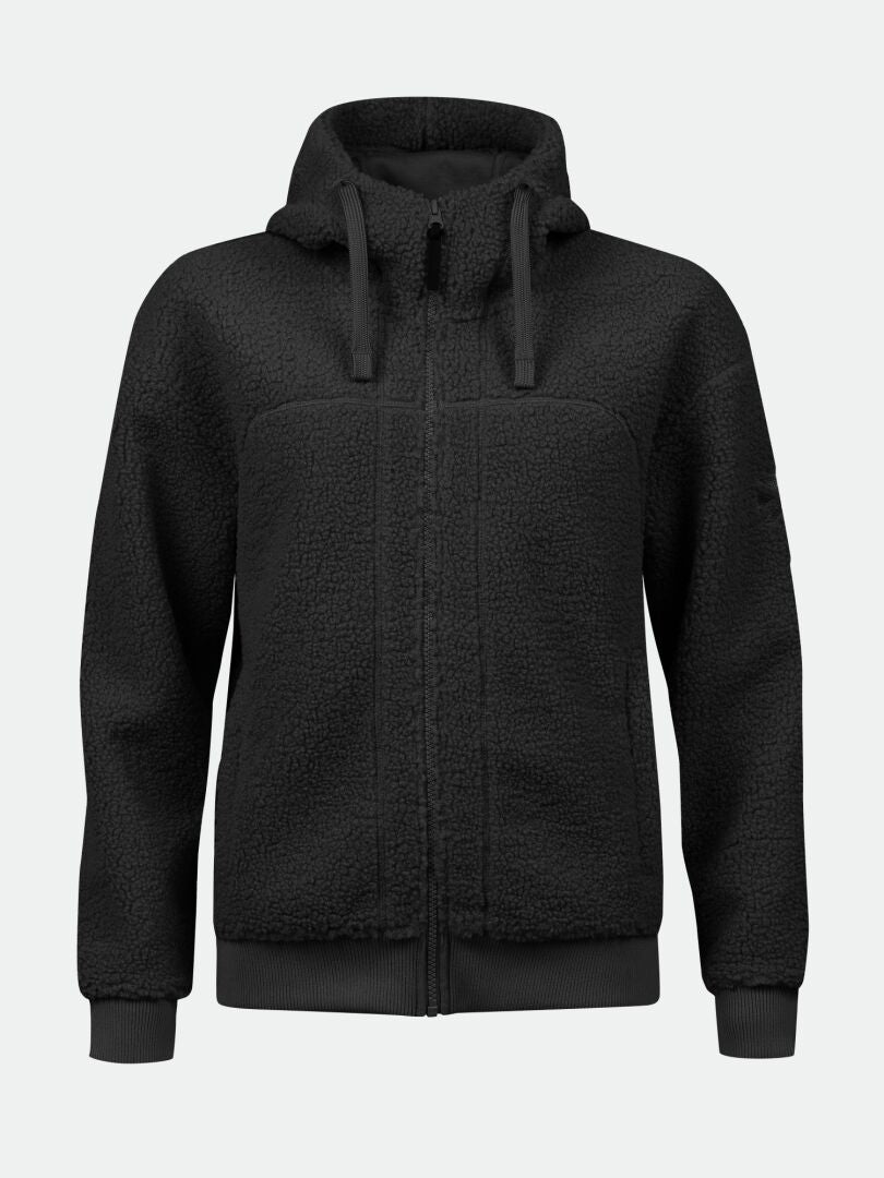 Halti Lykky Fleece Jacket for women: black zip-up, hooded, with pockets and ribbed cuffs in a shearling-like texture.