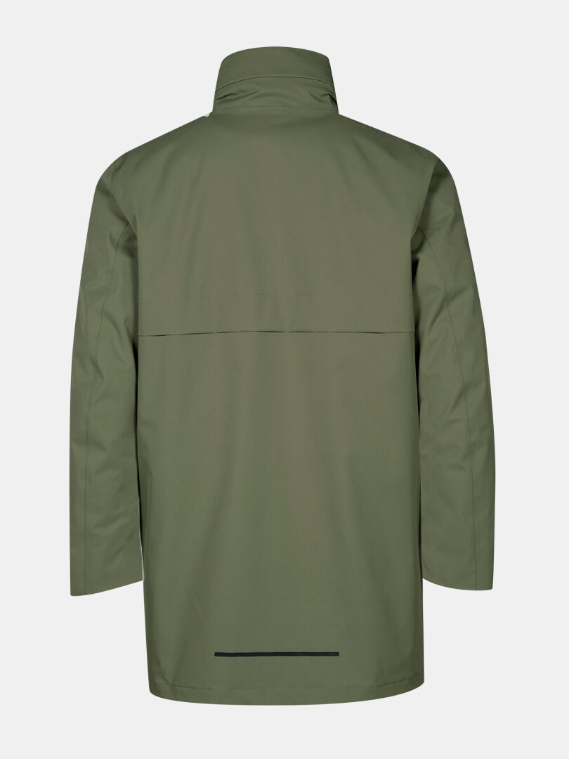 Back view of Halti Synkas II 3in1 DX Parka Men's, olive green, long sleeves, high collar, black detail near hem.