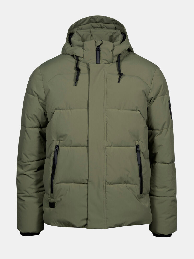 Halti Brahe Puffer Winter Jacket Men's: olive green, black zippers, 2 pockets, high collar, recycled polyester.