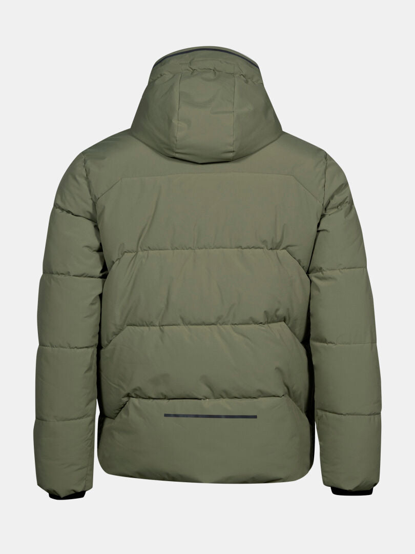 The Halti Brahe Puffer Winter Jacket Men's in green features horizontal stitching and a small back pocket.
