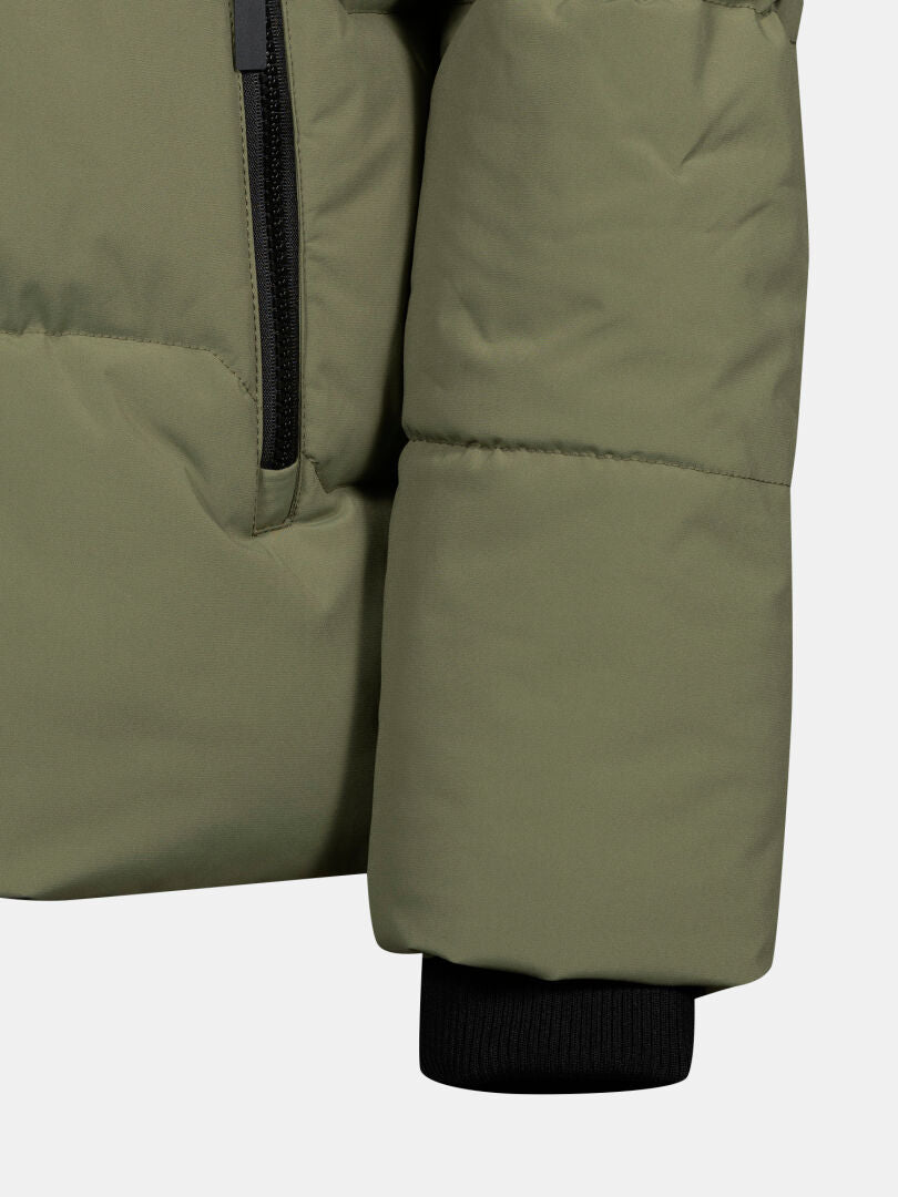 Close-up of the sleeve and side zipper on Halti's Brahe Puffer Winter Jacket Men's in olive green with black ribbed cuff.