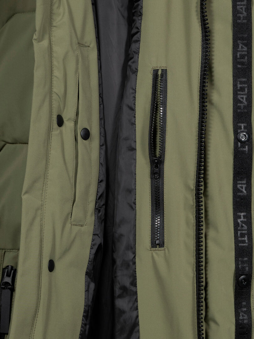 Close-up of Halti Brahe Puffer Winter Jacket Men's in olive with zip pocket, snaps, and black recycled polyester lining.