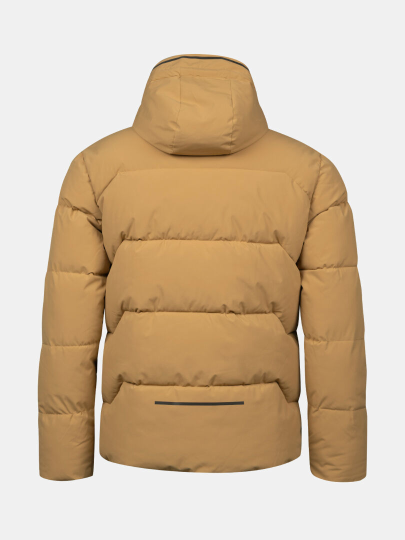 The Halti Brahe Puffer Winter Jacket Men's, tan with a hood, has a back horizontal zipper pocket near the hem.