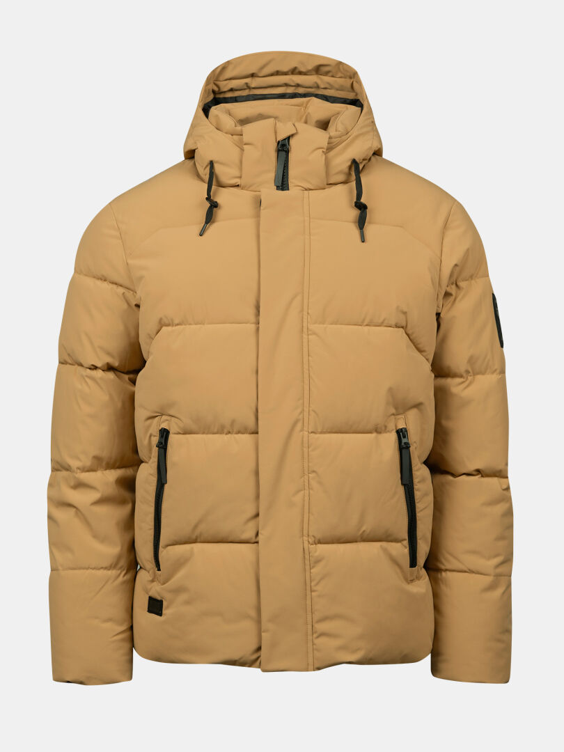 Halti Brahe Puffer Winter Jacket for men in light brown, recycled polyester, hooded with zipper and black drawstrings.