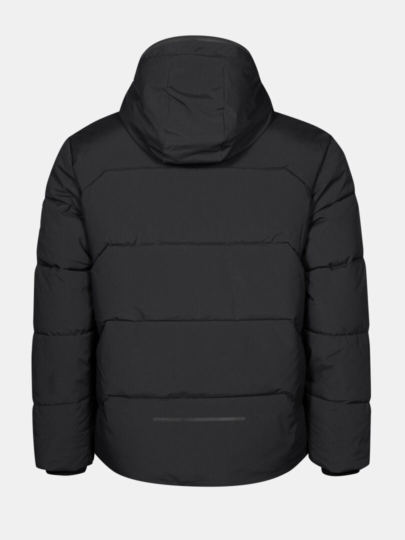 The Halti Brahe Puffer Winter Jacket Men's is a black, hooded, recycled polyester coat shown from the back.