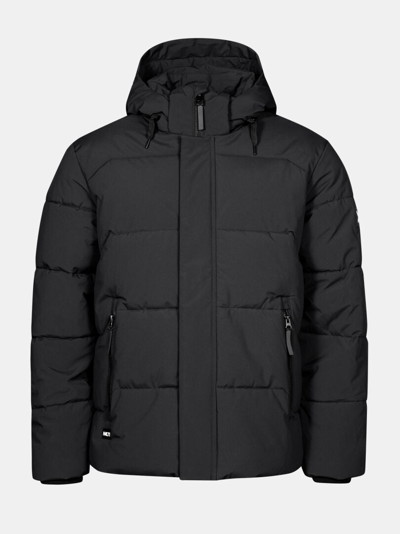 Halti Brahe Puffer Winter Jacket for men—hooded, insulated, recycled polyester, front zip, two zipped pockets.