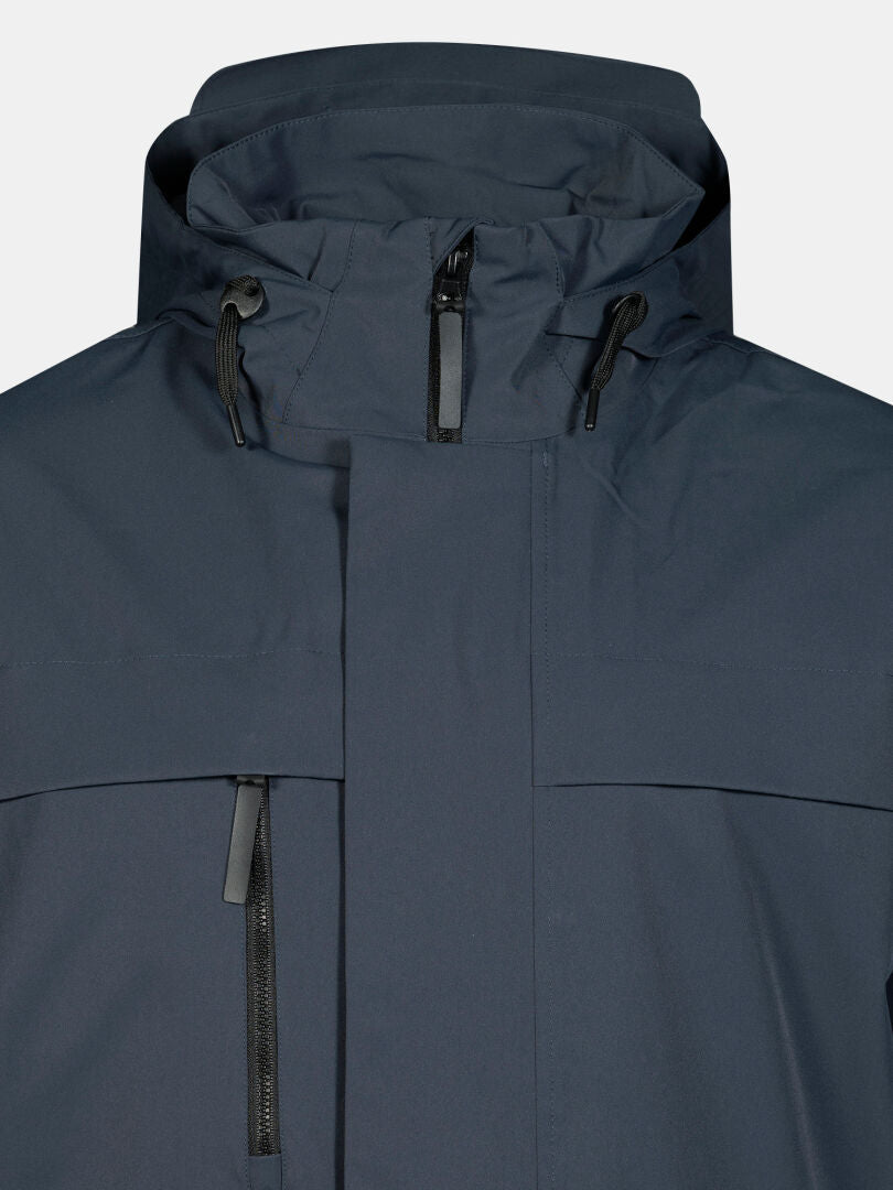 Close-up of the Halti Tokoi II DX Parka Jacket Mens in navy with black zippers and drawstrings, on a light background.