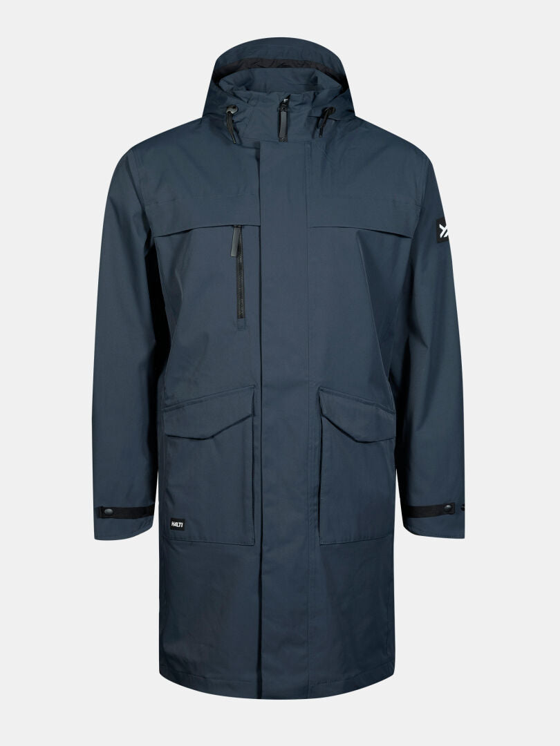 Halti Tokoi II DX Parka Jacket Mens: dark blue, front zipper, chest pocket, adjustable cuffs, recycled polyester.