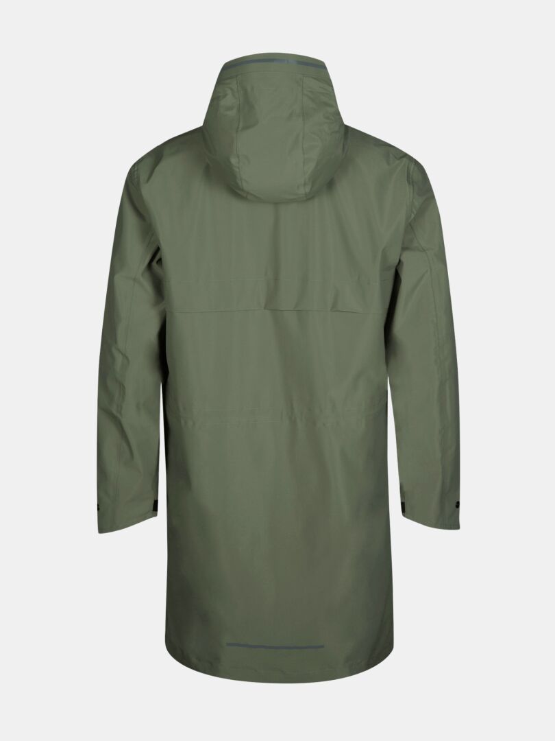 The Halti Tokoi II DX Parka Jacket Men's, in long green style, is shown from the back on a plain white background.
