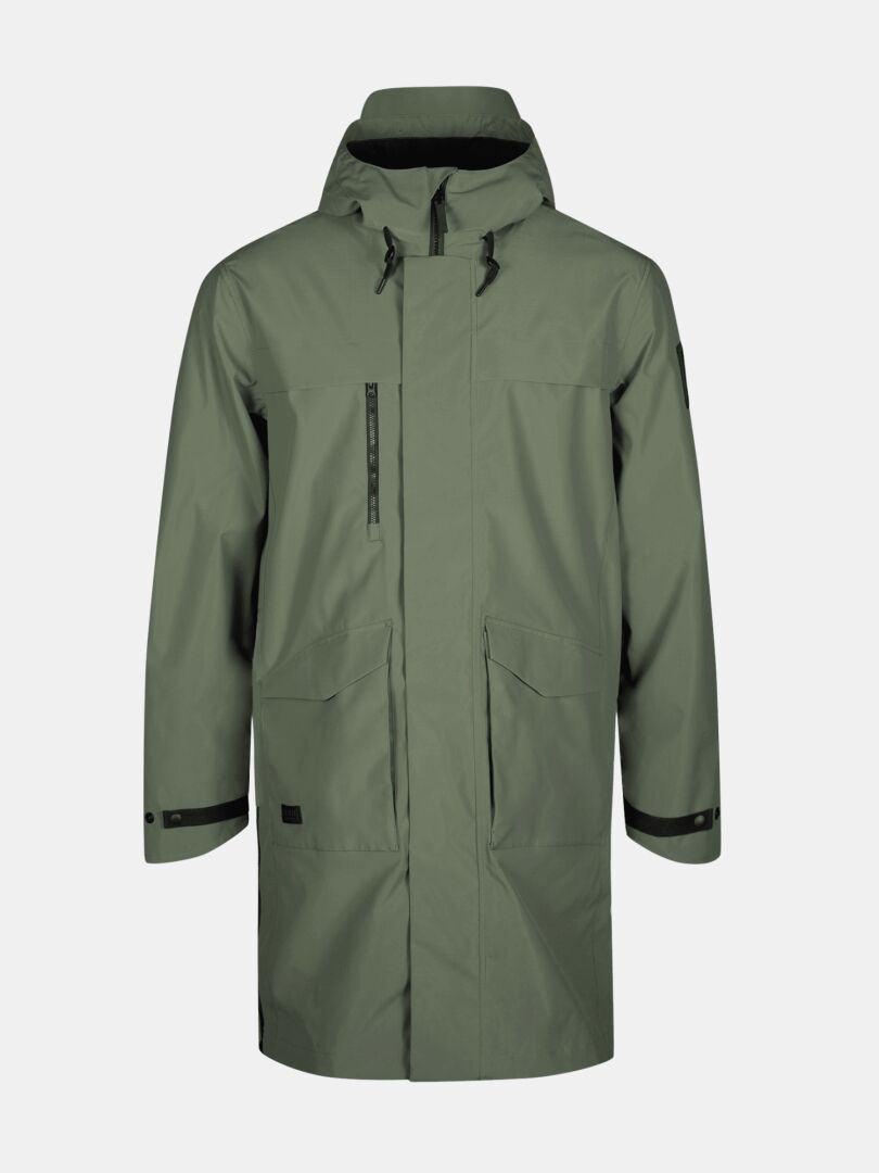 The Halti Tokoi II DX Parka Jacket Mens is an olive waterproof urban parka with a hood and black-accented pockets.
