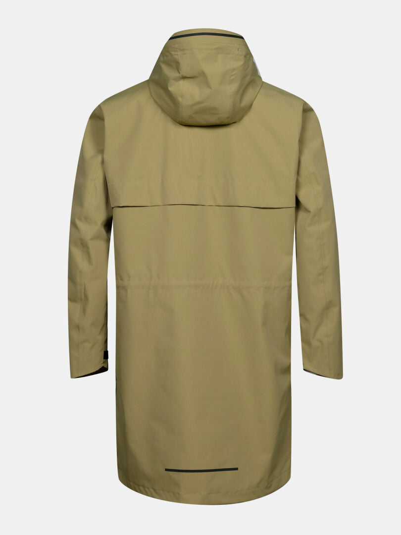 Halti Tokoi II DX Parka Jacket Men’s in light olive green, hooded, shown from the back on a white background.