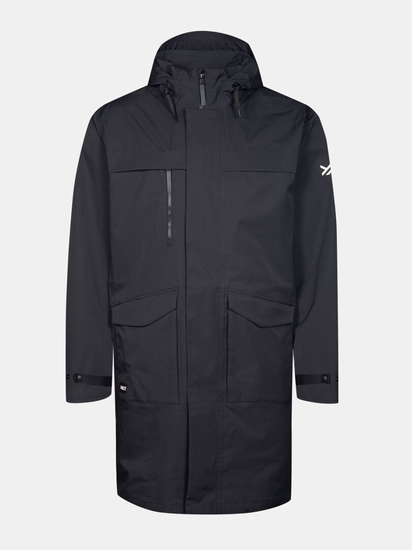 The Halti Tokoi II DX Parka Jacket Mens is a long black urban raincoat with zipper, pockets, and a white sleeve logo.