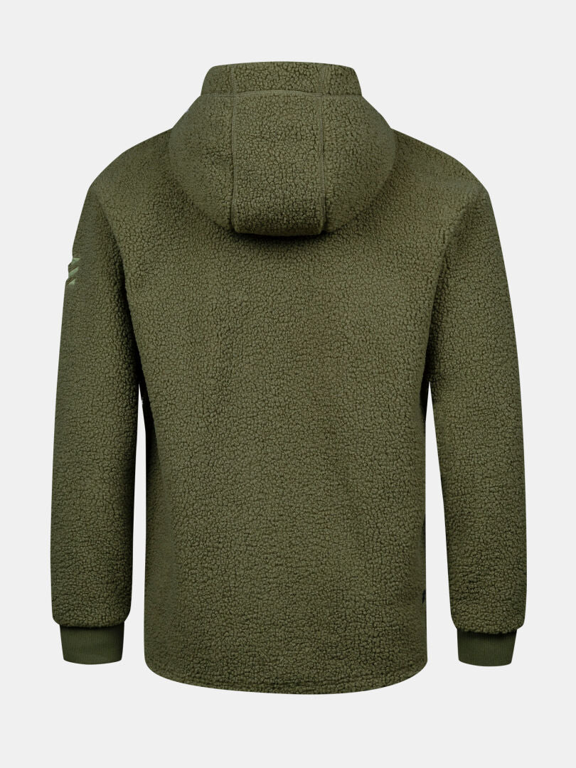 Halti Lykky Fleece Jacket Mens in olive green, made from recycled polyester with a hoodie style and ribbed cuffs.
