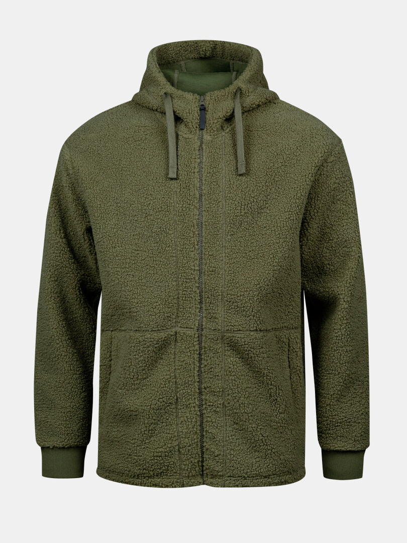 Halti Lykky Fleece Jacket Mens: olive green zip-up hoodie style with drawstrings, pockets, recycled polyester.