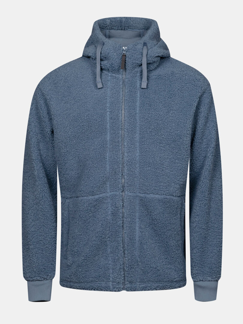 Halti Lykky Fleece Jacket Men’s: Blue zip-up hoodie style with ribbed cuffs and pockets, perfect for city explorers.