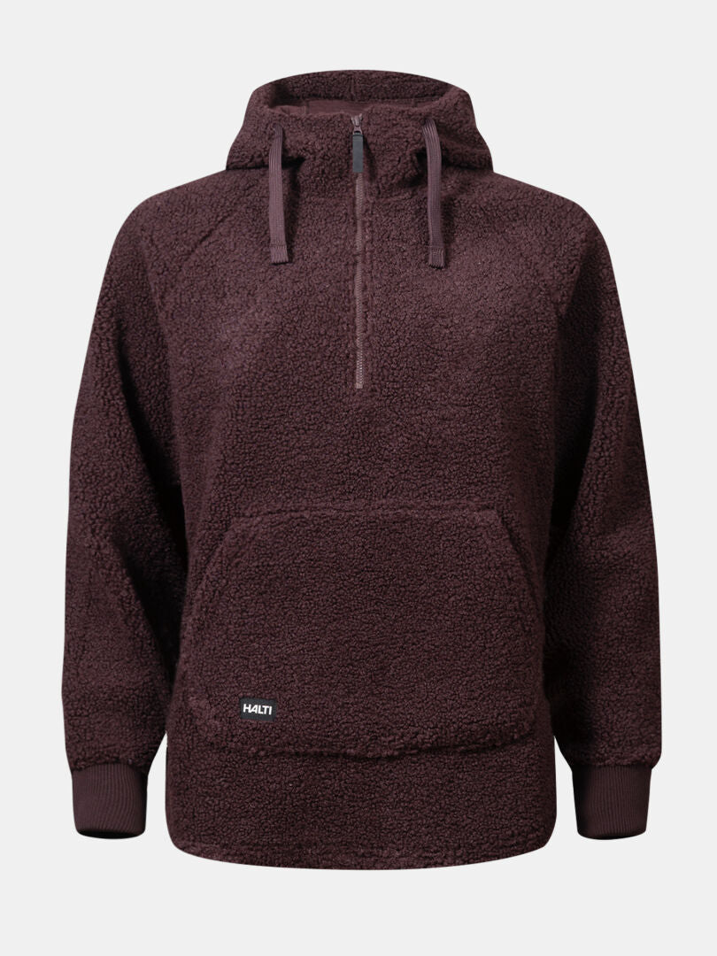 Halti Lykky Fleece Pullover Womens: dark brown half-zip hoodie with kangaroo pocket and ribbed cuffs.