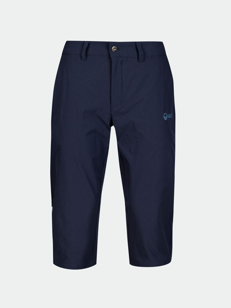 Halti Drive X-stretch Capri Pants Womens Plus: navy, stretch fabric, belt loops, front button, small thigh logo.