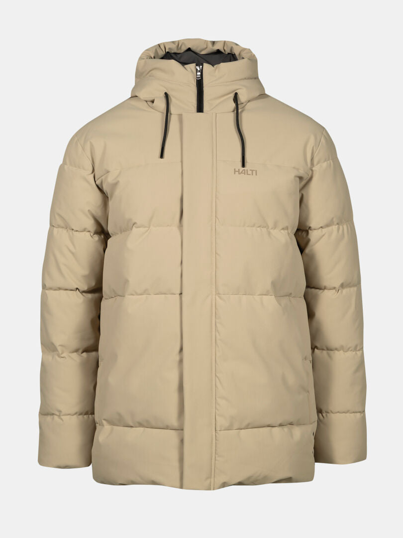Halti Sammal Insulated Parka Jacket Men’s in beige with hood, front zipper, and logo, on a white background.