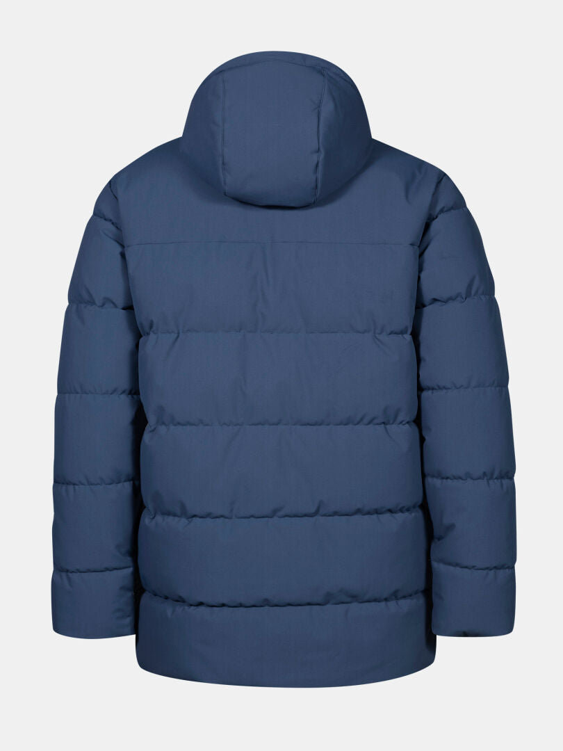 The Halti Sammal Insulated Parka Jacket Men’s in blue with hood, shown from the back on a white background.
