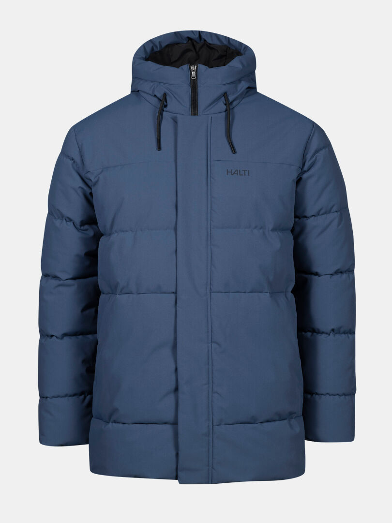 Halti Sammal Insulated Parka Jacket for men in blue with black drawstrings, front zipper, and logo on a light background.