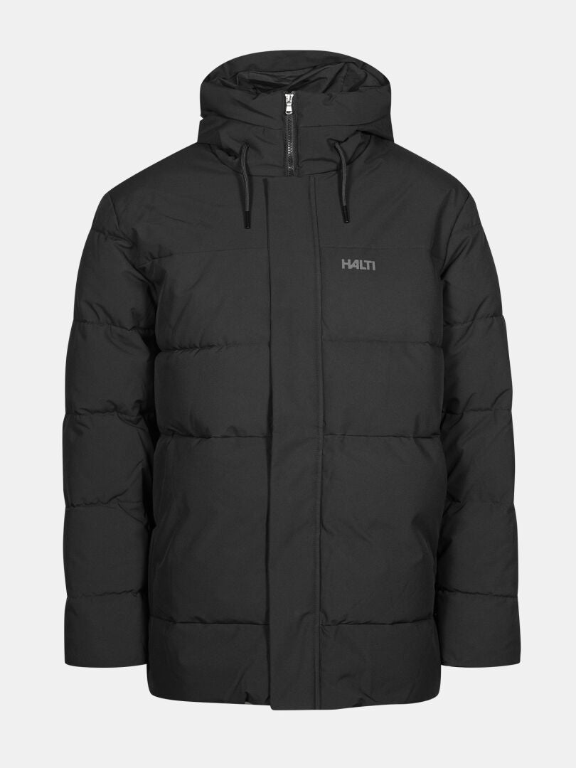 Halti Sammal Insulated Parka Jacket for men with hood, front zipper, and logo on chest.