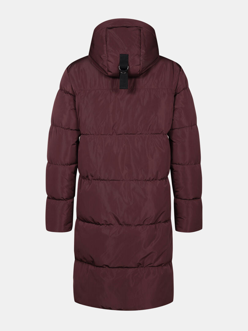 Halti Sammal Insulated Parka Jacket for women: burgundy, hooded, long sleeves, quilted, black buckle on back.