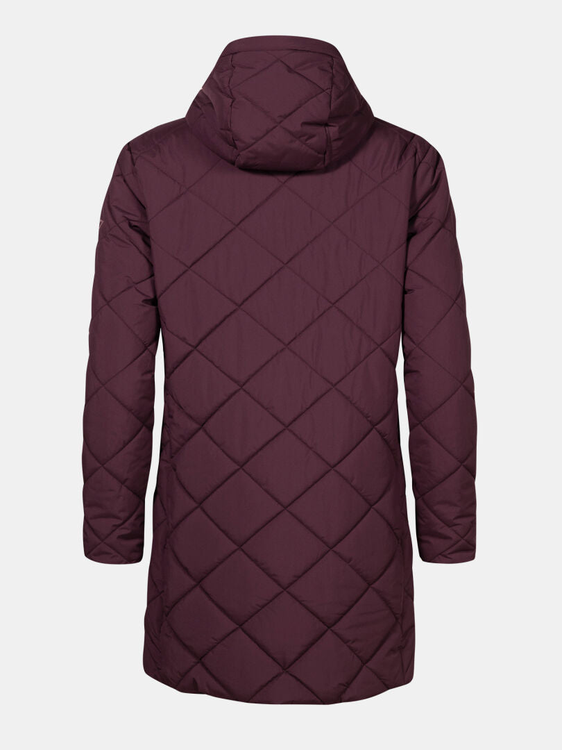 The Haapa Quilted Coat Jacket by Halti is a maroon, hooded parka for women with a diamond pattern, seen from the back.