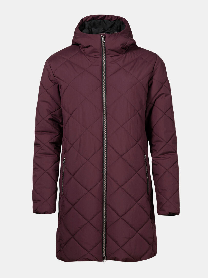 Halti Haapa Quilted Coat Jacket for women in maroon features a hood, front zipper, side pockets, and lightweight warmth.