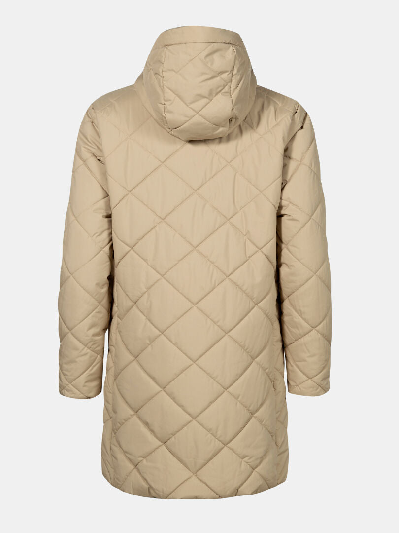 Halti Haapa Quilted Coat Jacket Women's, beige with hood, shown from back, features diamond stitching for warmth.
