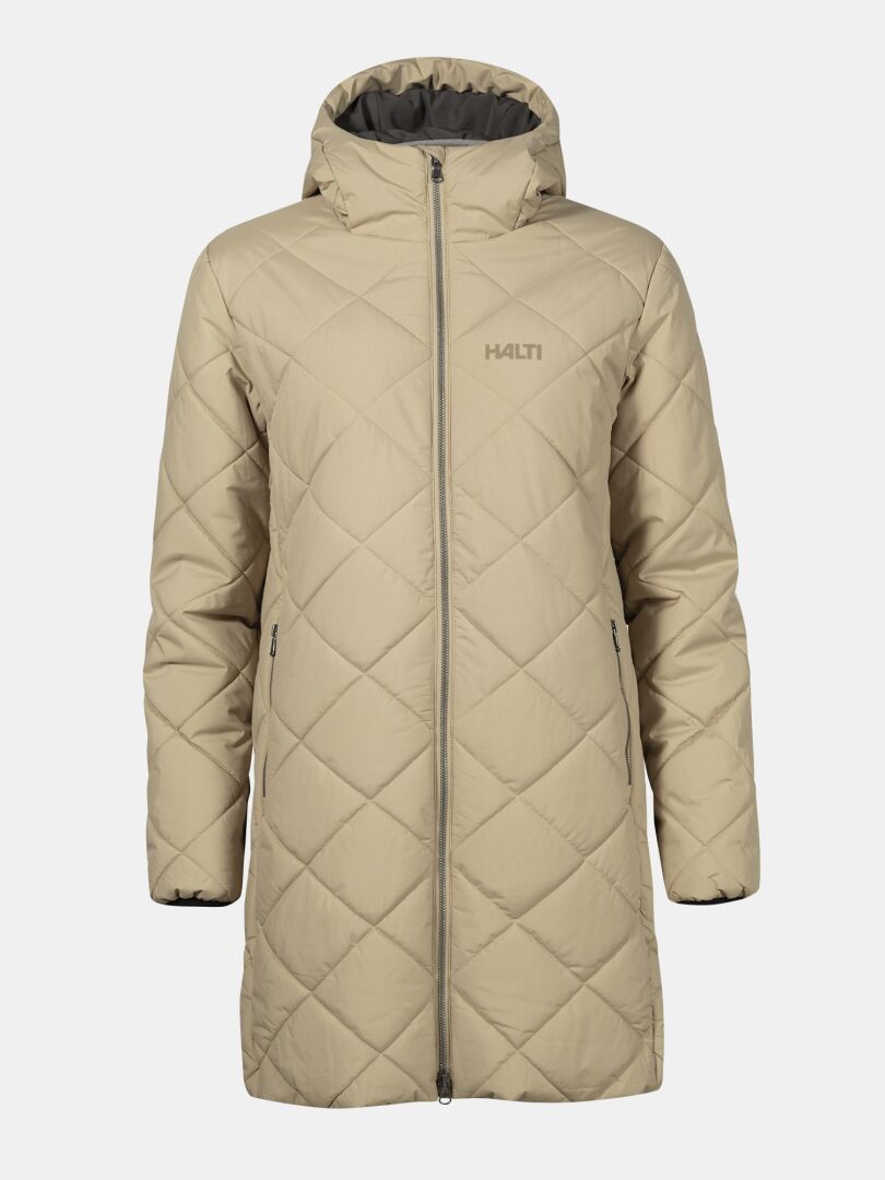 The Halti Haapa Quilted Coat Jacket Women's offers lightweight warmth with a hood and pockets against a white background.