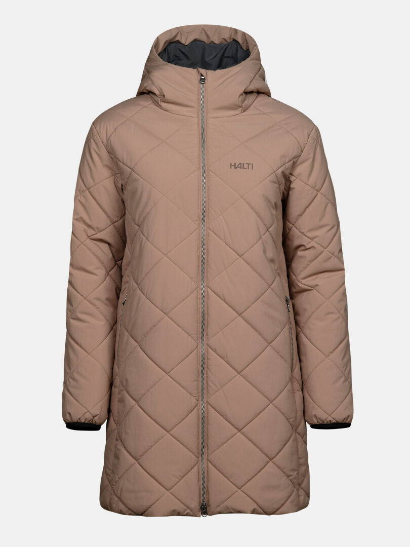 Halti Haapa Quilted Coat Jacket for women, light brown with hood and front zipper, shown on a white background.
