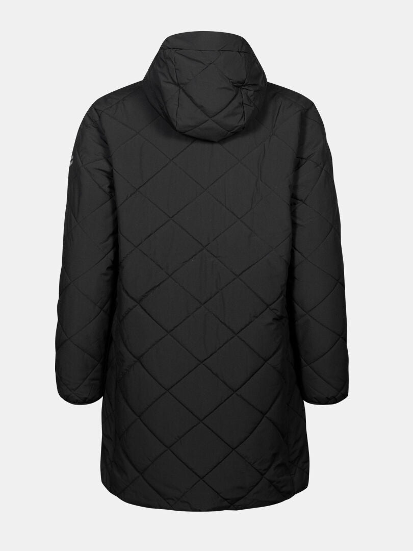 The Halti Haapa Quilted Coat Jacket for women is hooded and lightweight, shown from the back on a light gray background.