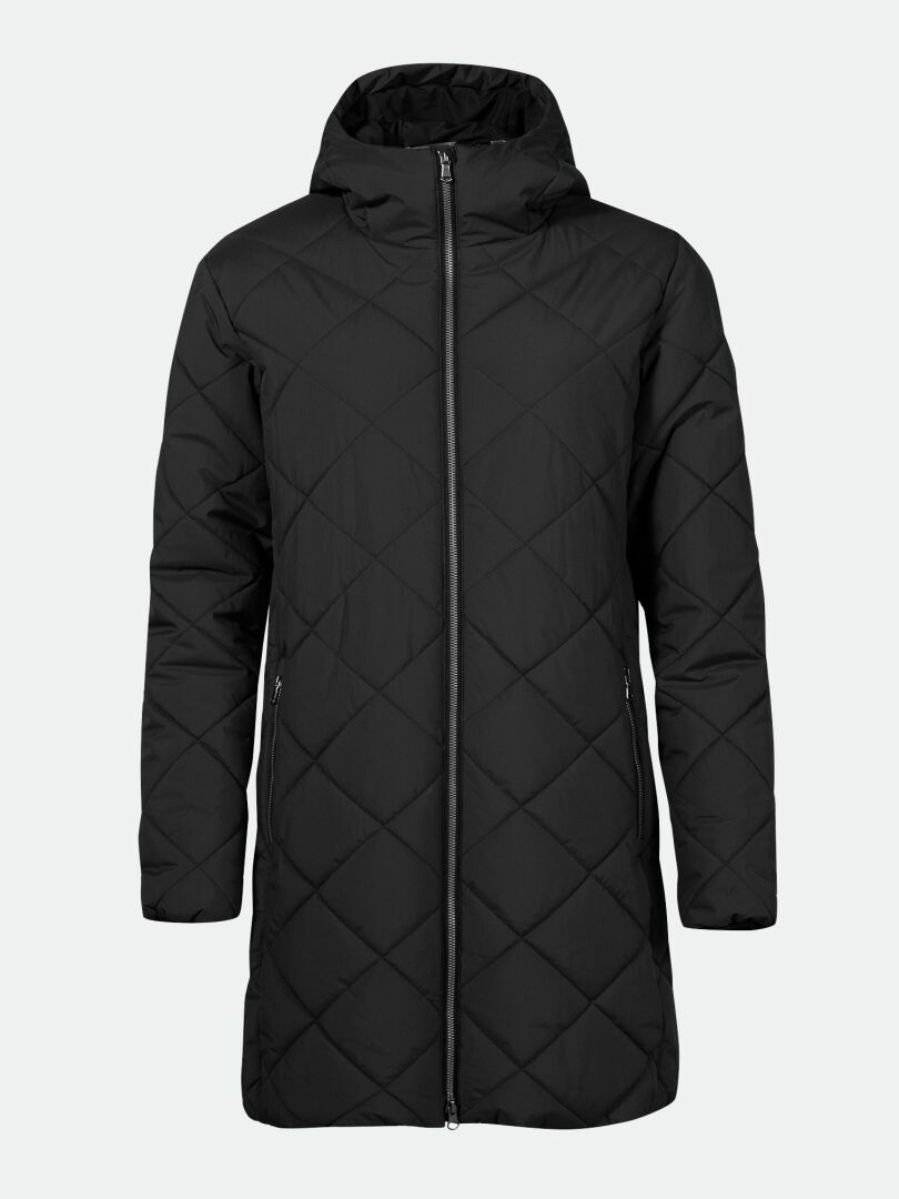 Haapa Quilted Coat Jacket Women's by Halti—black, long, hooded, lightweight warmth with front zipper.