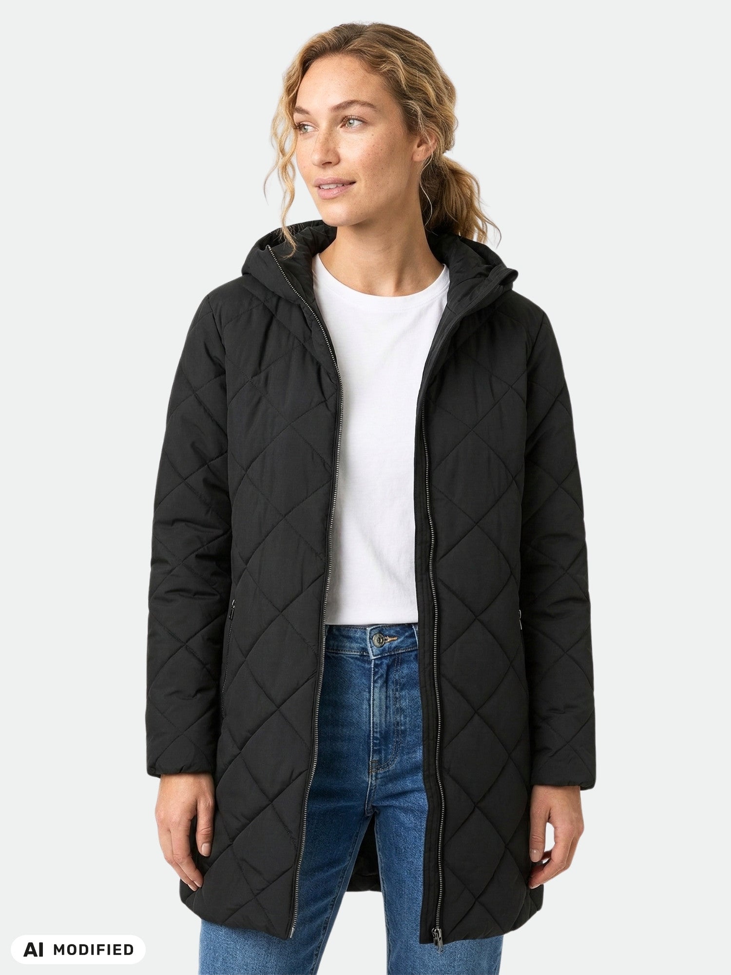 Woman wearing Halti Haapa Quilted Coat Jacket over a white shirt and blue jeans, standing by a plain background.