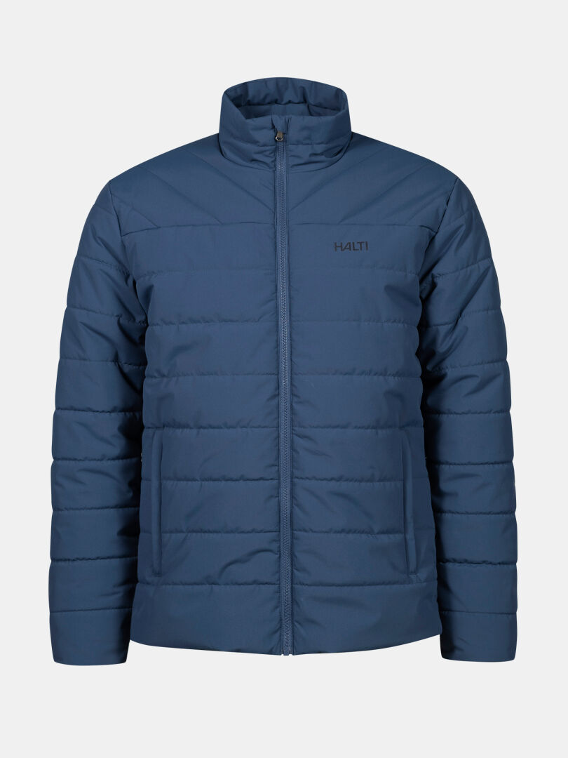 The Halti Haapa Insulated Jacket Men's in blue, with a front zipper and stand-up collar, shown on a white background.